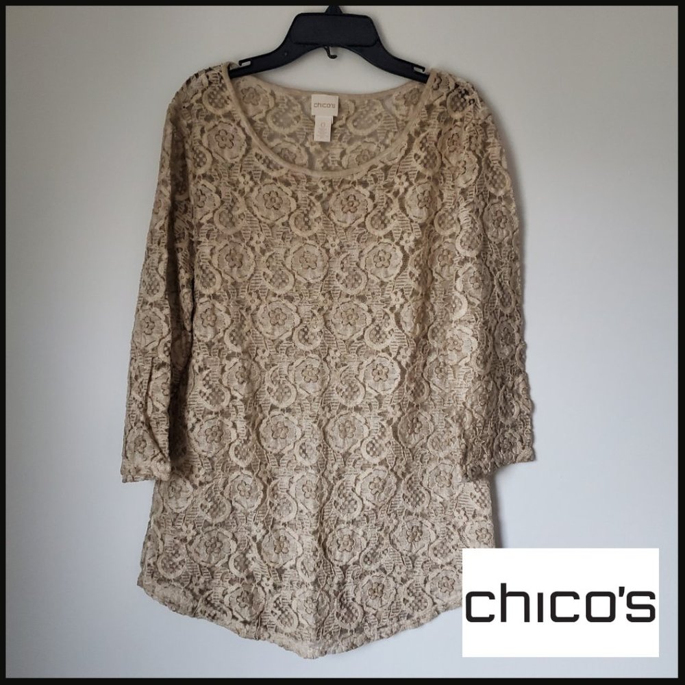 CHICO's Lace Tunic Top 3/4 sleeve Lightweight Neutral Layering Top All Season